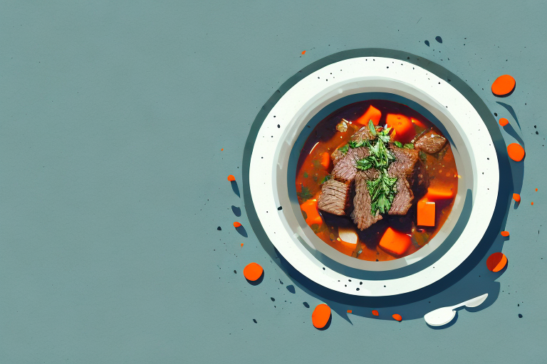 A bowl of beef stew with herbs sprinkled on top