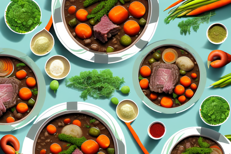 A bowl of dinty moore beef stew with a variety of colorful vegetables and herbs