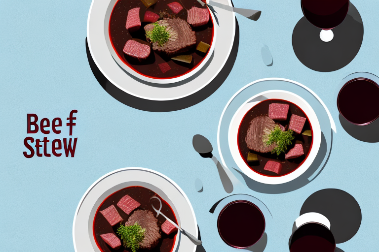 A bowl of beef stew with a glass of red wine beside it