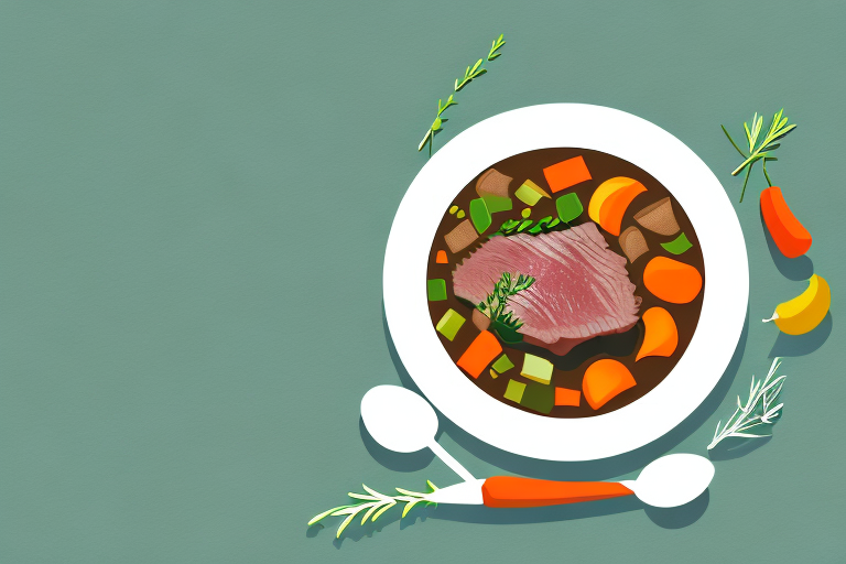 A bowl of beef stew with vegetables and herbs
