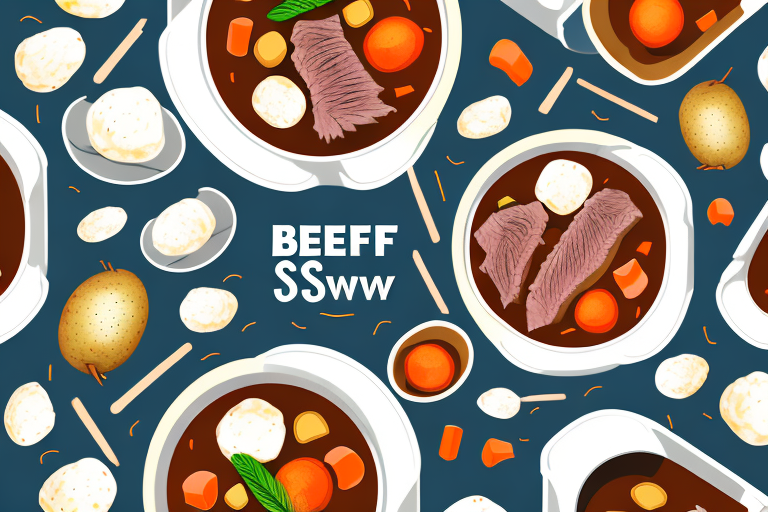 A bowl of beef stew with chunks of beef