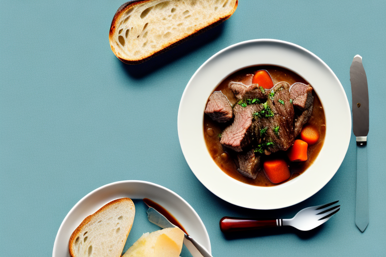 A bowl of beef stew with a slice of crusty bread beside it