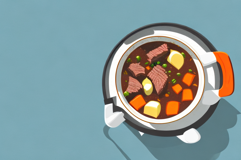A pot of beef stew with a thick