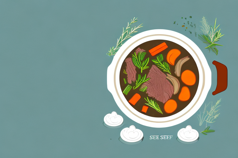 A pot of steaming beef stew with vegetables and herbs