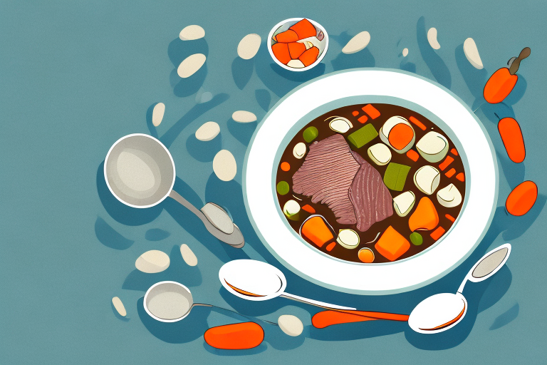 A bowl of beef stew with vegetables and a spoon