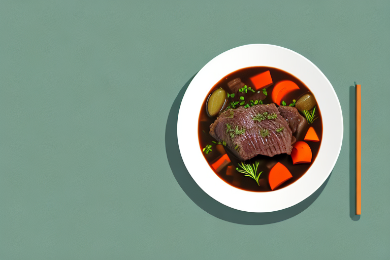 A bowl of steaming beef stew with vegetables and herbs