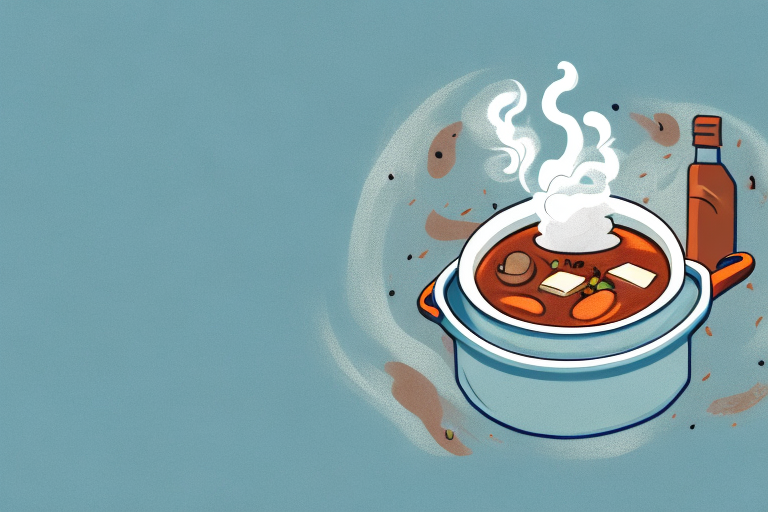 A pot of beef stew with steam rising from it