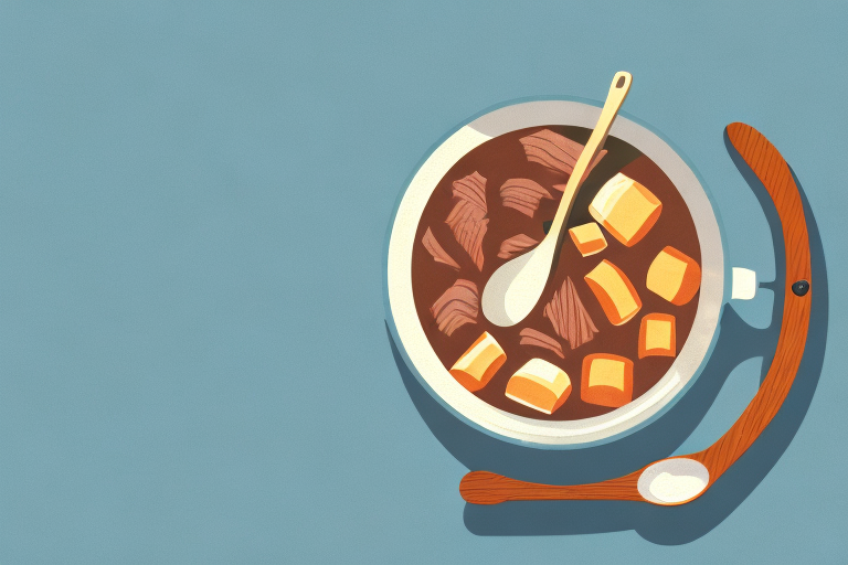 A pot of beef stew with a wooden spoon stirring it
