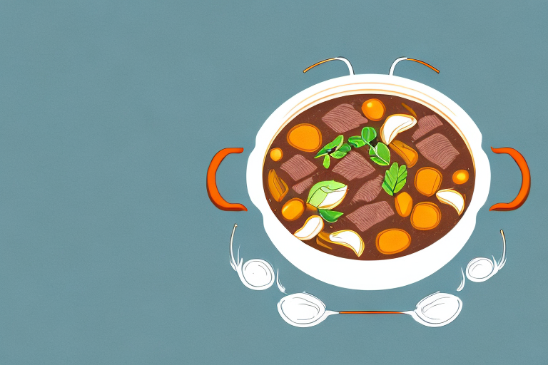 A pot of steaming beef stew with vegetables