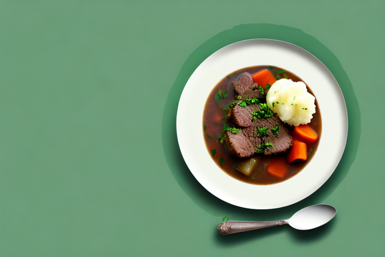 A bowl of irish beef stew with a side of mashed potatoes and a sprig of parsley