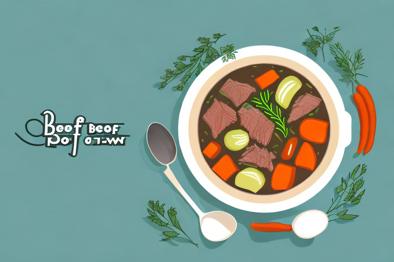 A pot of beef stew with vegetables and herbs