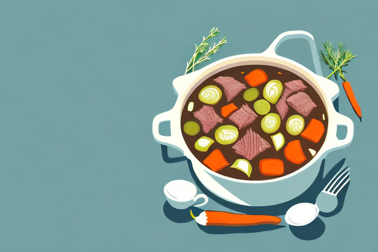 A pot of beef stew with vegetables other than potatoes