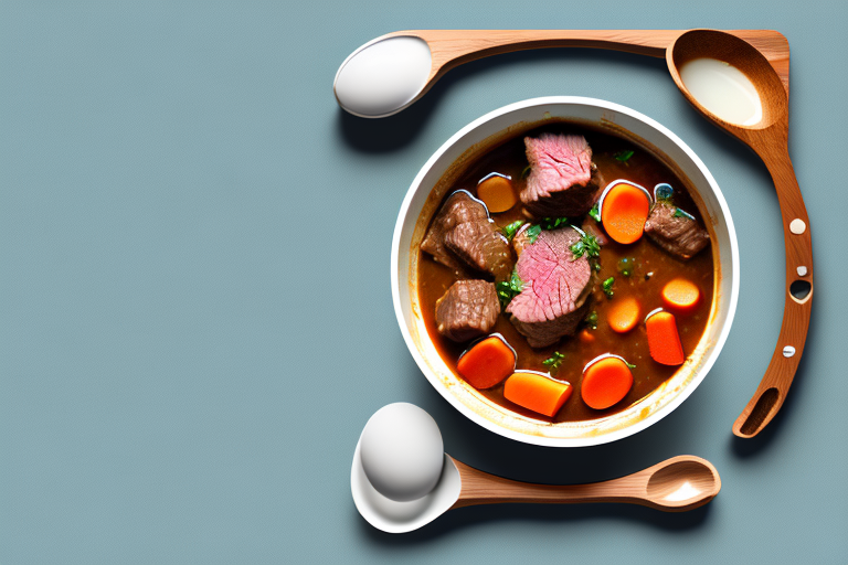 A pot of beef stew with a wooden spoon stirring it