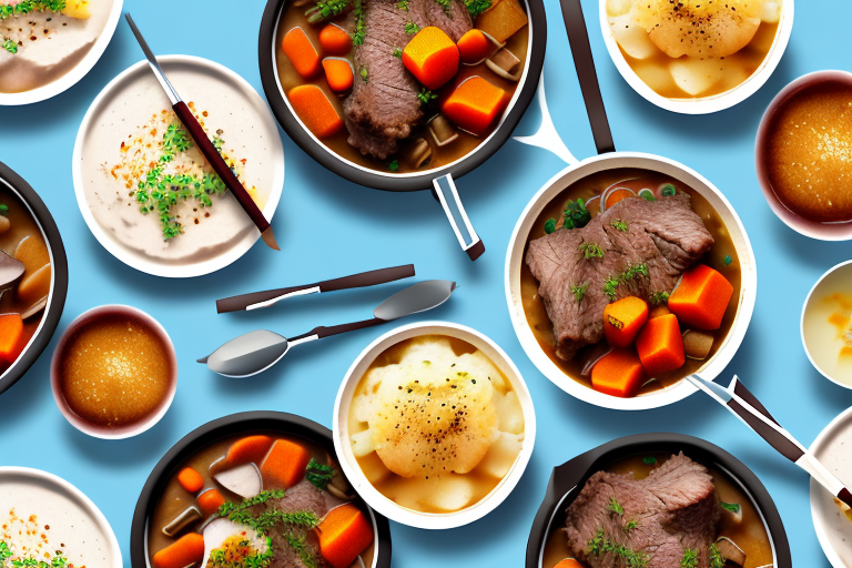 A bowl of beef stew with a selection of side dishes around it