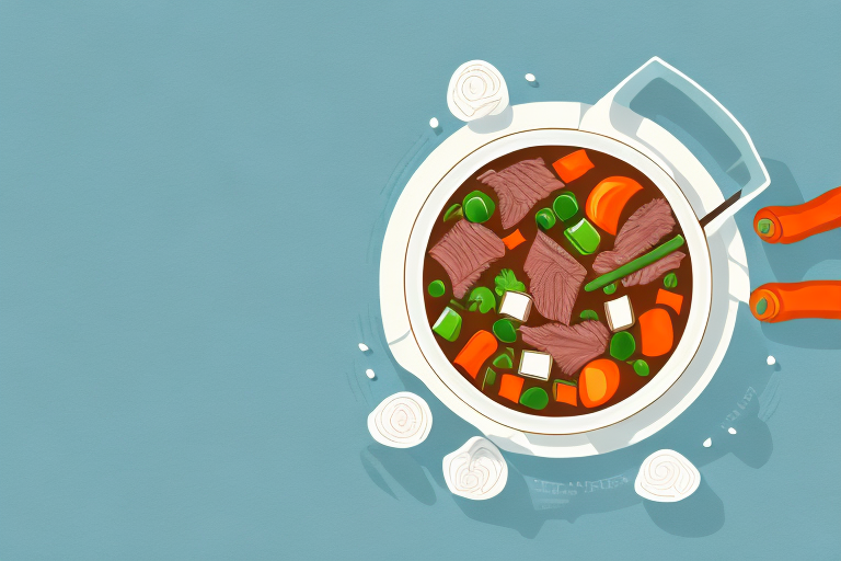 A pot of beef stew with vegetables and tender chunks of beef