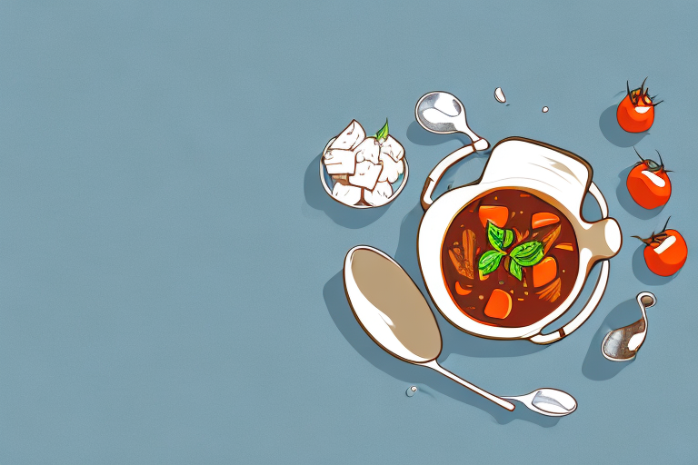 A pot of beef stew with a tomato-based broth