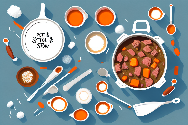 A pot of beef stew with ingredients and utensils