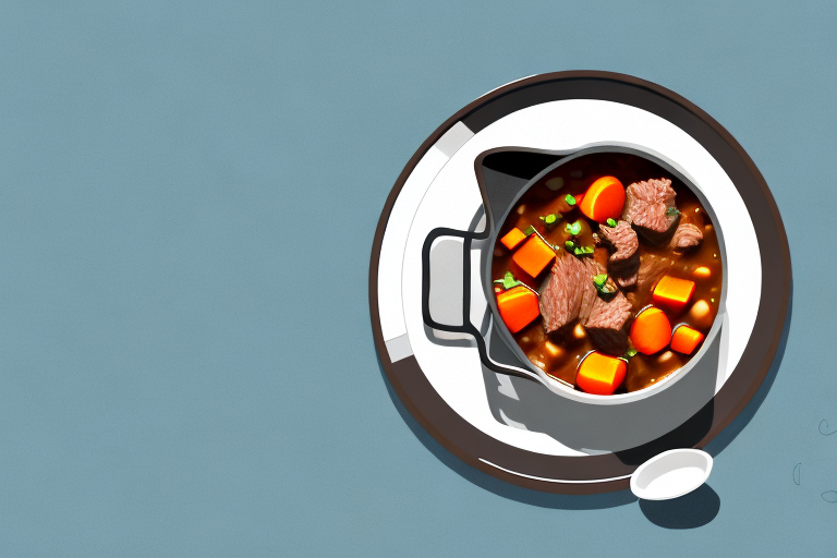 A pot of beef stew with a ladle