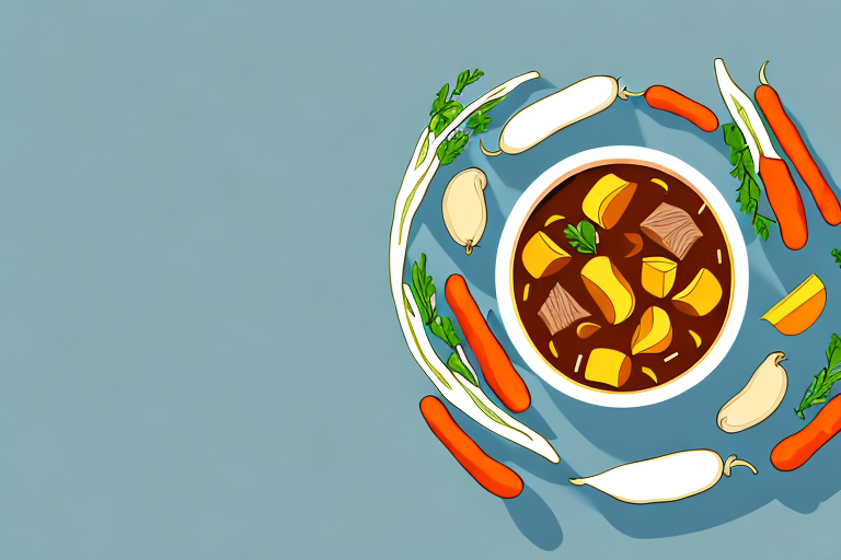 A pot of beef stew with parsnips and other vegetables