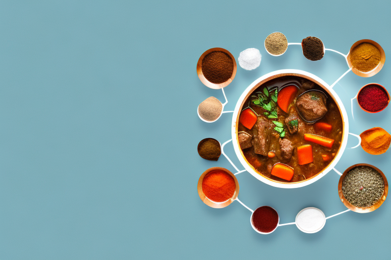 A pot of beef stew with indian spices and ingredients