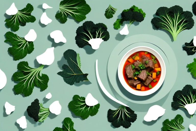 A bowl of beef stew with a variety of leafy greens scattered on top