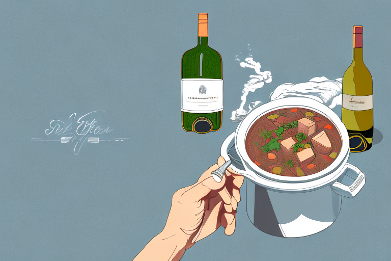 A pot of beef stew with a bottle of white wine beside it