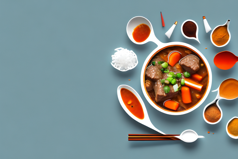 A pot of beef stew with asian-inspired ingredients and spices