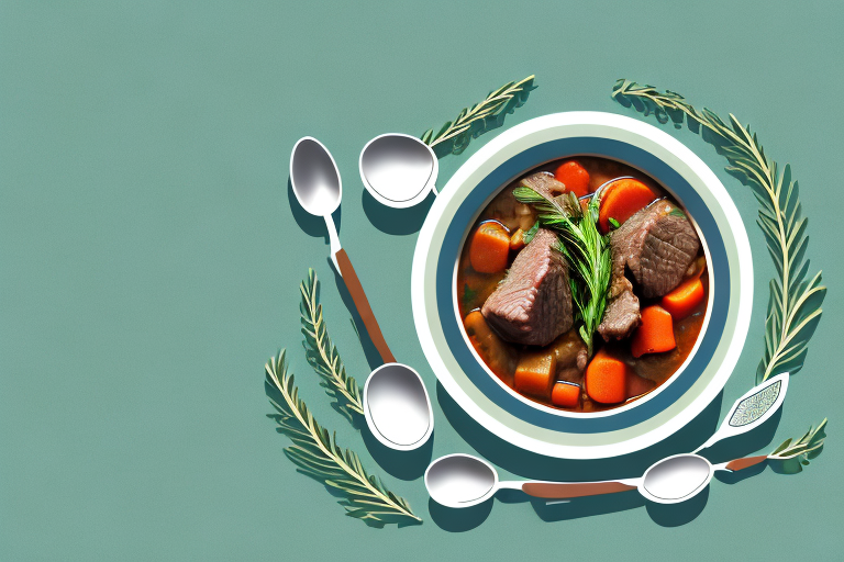 A bowl of beef stew with fresh herbs sprinkled on top