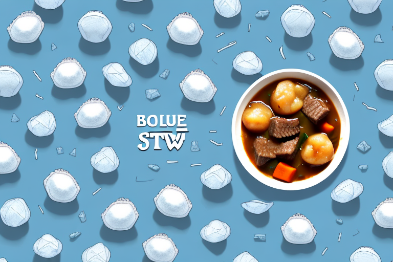 A bowl of beef stew with blue cheese dumplings
