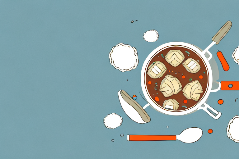 A pot of beef stew with dumplings bubbling away on a stovetop