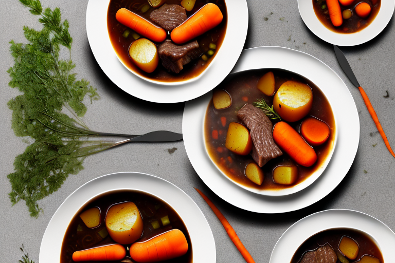 A bowl of steaming beef stew with carrots