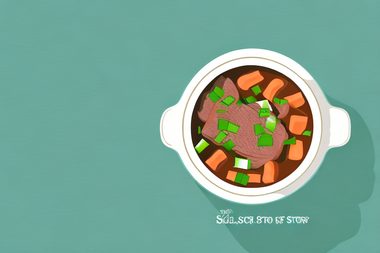 A pot of beef stew with scallions in it