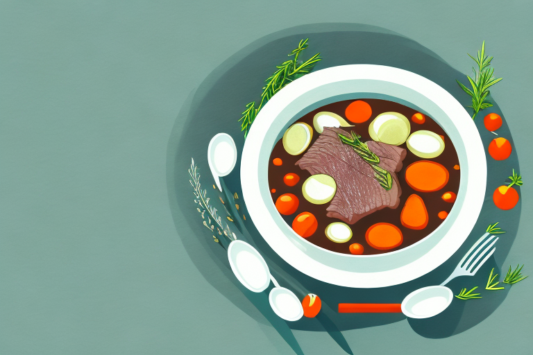 A steaming bowl of beef stew with vegetables and herbs
