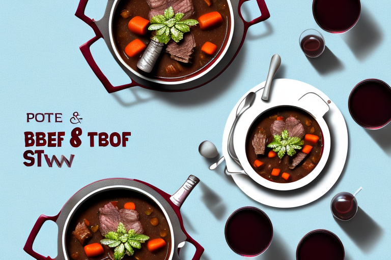 A pot of beef stew with a glass of red wine beside it