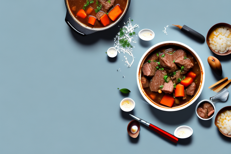 A pot of beef stew adobo simmering on a stovetop