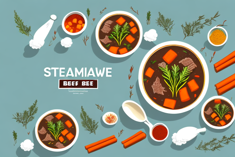 A steaming bowl of beef stew with vegetables