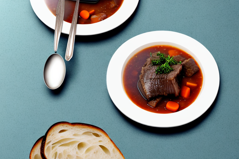 A bowl of steaming beef stew with a spoon and a plate of crusty bread beside it