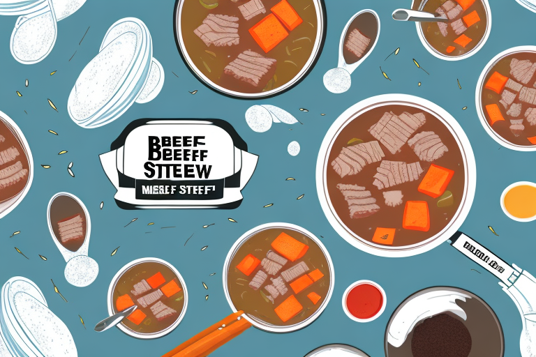 A bowl of beef stew with various ingredients and allergens labeled