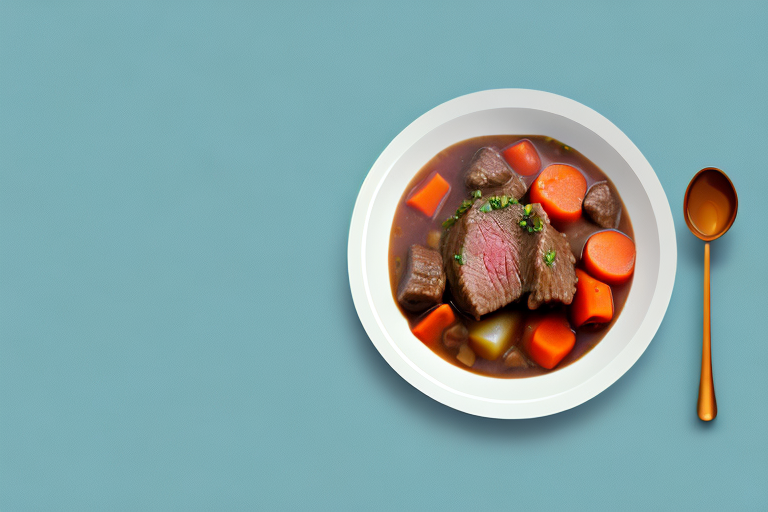 A bowl of beef stew with a steaming spoon on the side