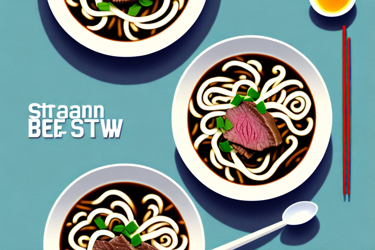A steaming bowl of beef stew udon soup