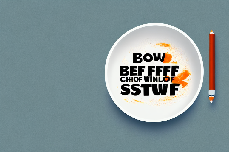 A bowl of beef stew with a warning sign beside it