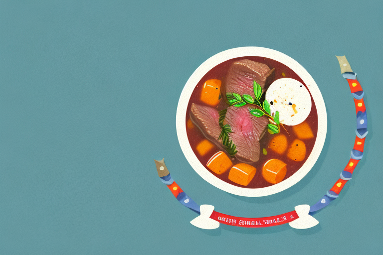 A steaming bowl of beef stew with an award ribbon draped around it