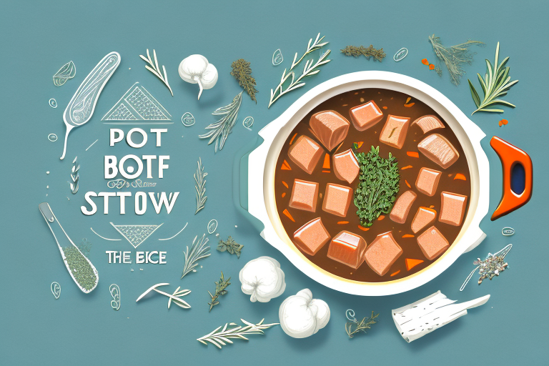 A pot of beef stew with a variety of herbs and spices scattered around it