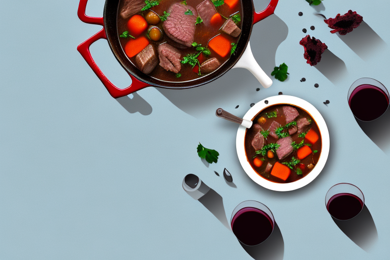 A pot of beef stew with red wine simmering on a stove