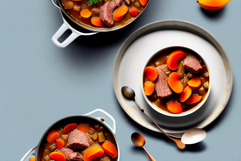 A pot of beef stew with apricots simmering on a stovetop