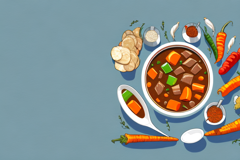 A pot of beef stew with vegetables and spices
