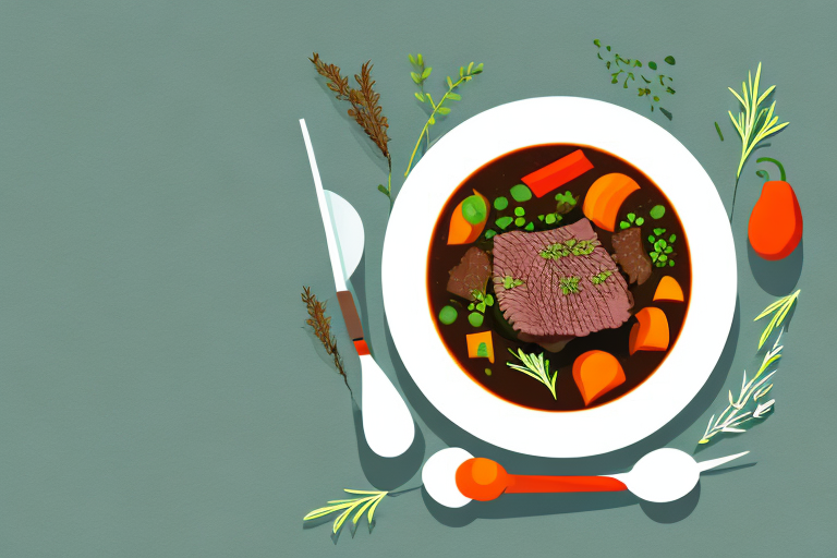 A bowl of steaming beef stew with vegetables