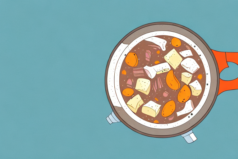 A pot of beef stew with a lid on and off