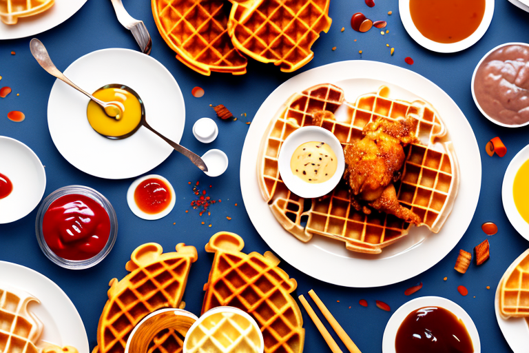 A plate of chicken and waffles with regional ingredients and condiments