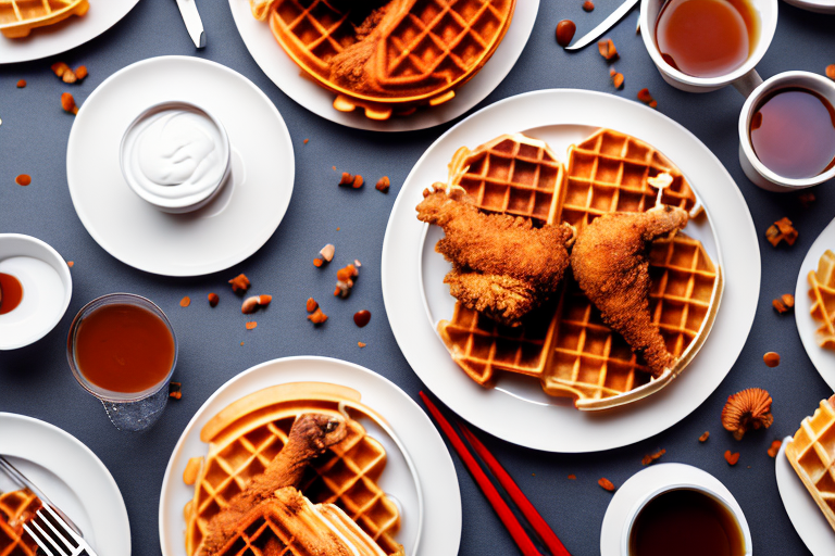 A plate of chicken and waffles with a background of traditional american architecture